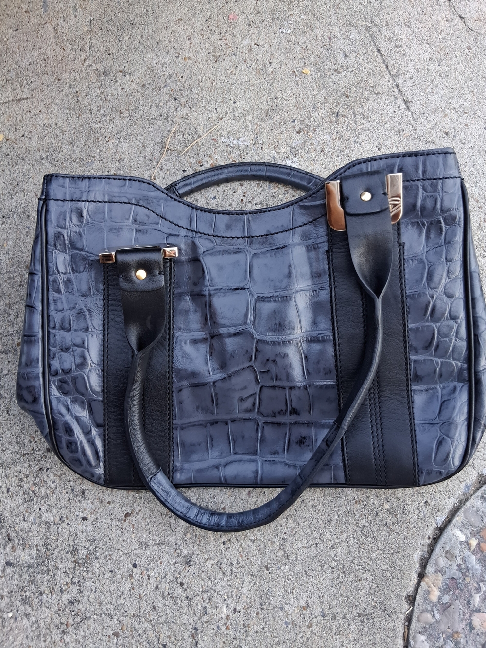 Francesco Biasia Black Croc-Embossed Shoulder Tote with Gold Accents